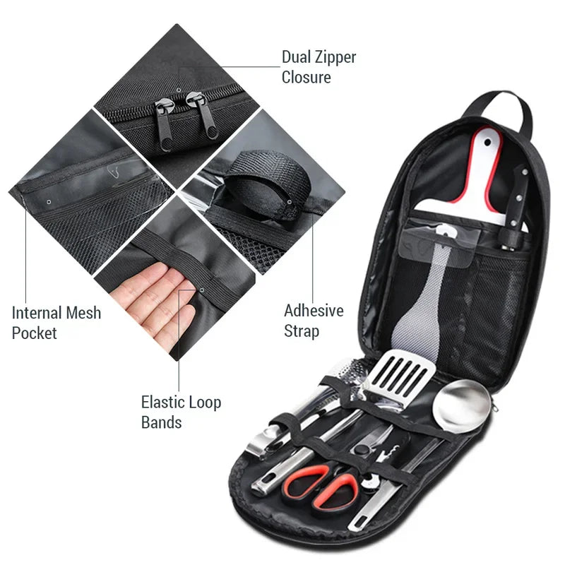 Portable Travel Utensils Set - 9PCs Stainless Steel Camping Cookware