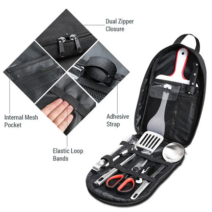 Portable Travel Utensils Set - 9PCs Stainless Steel Camping Cookware