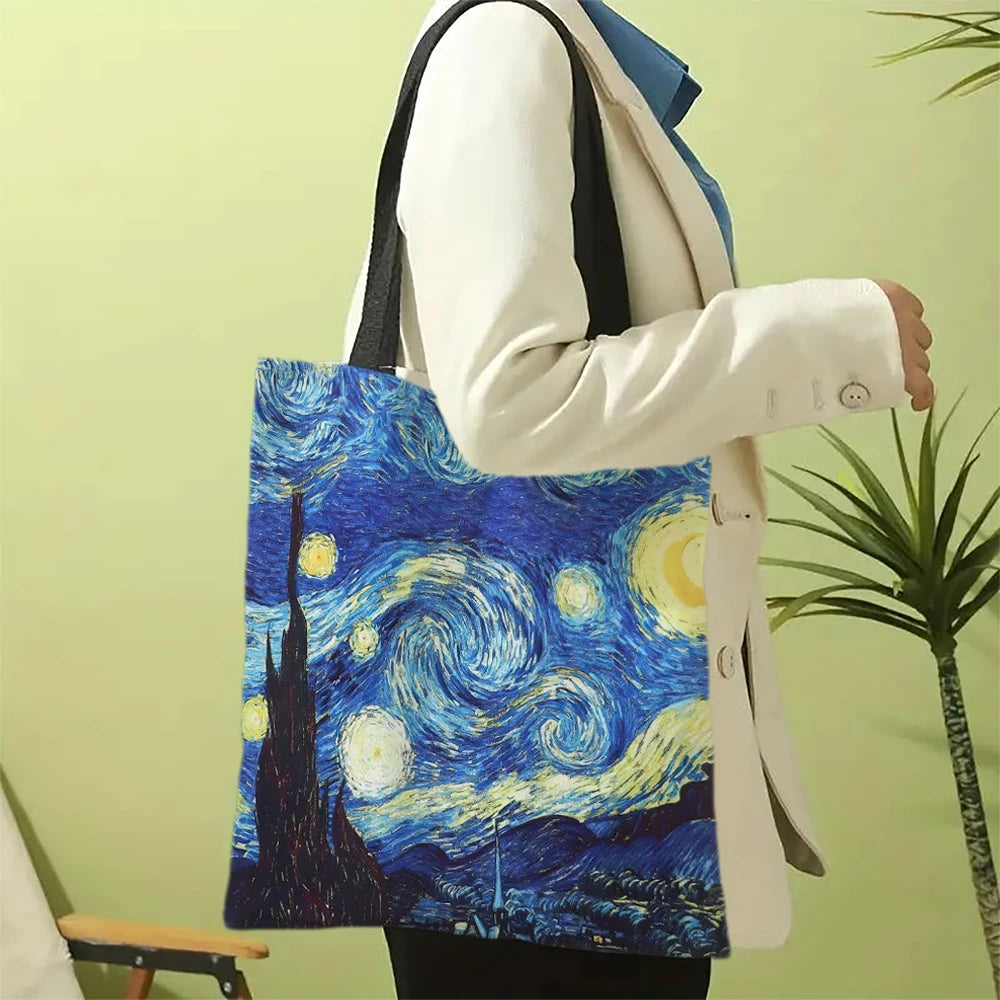 Van Gogh Linen Tote Bag | Starry Night & Sunflower Design