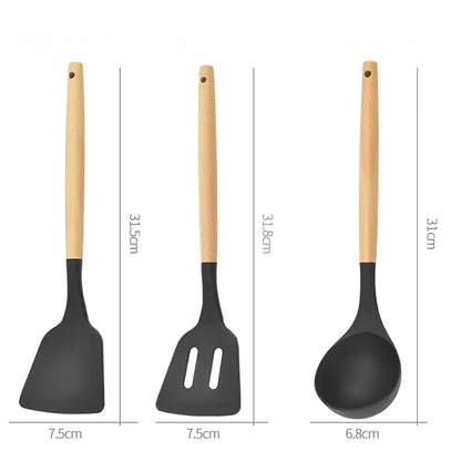 12Pcs Silicone Kitchen Utensils Cooking Wooden Handle Non Stick Pot Kitchenware Set Storage Bucket Silicone Kitchen Utensils