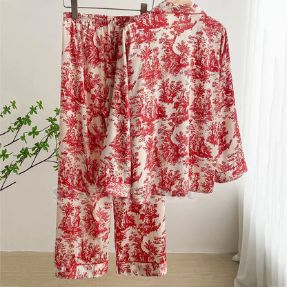 Fashion Print Flower 2PCS Pajamas Set - Women's Spring Summer Lounge Wear