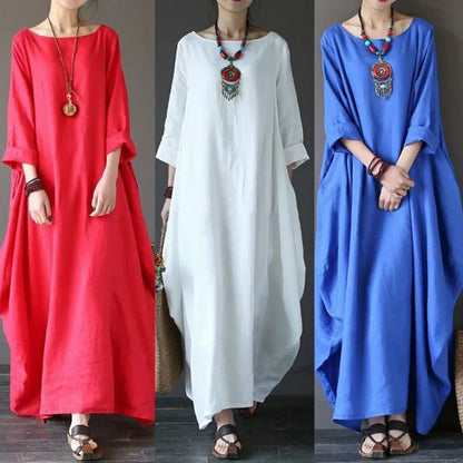 Women's Cotton Linen Loose Dress | Literary Boho Long Sleeve Kaftan Robe