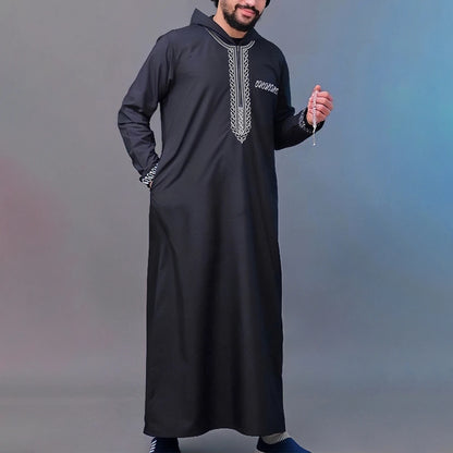 Men's Embroidered Islamic Thobe | Long-Sleeved Arabic Loose Robe Dress