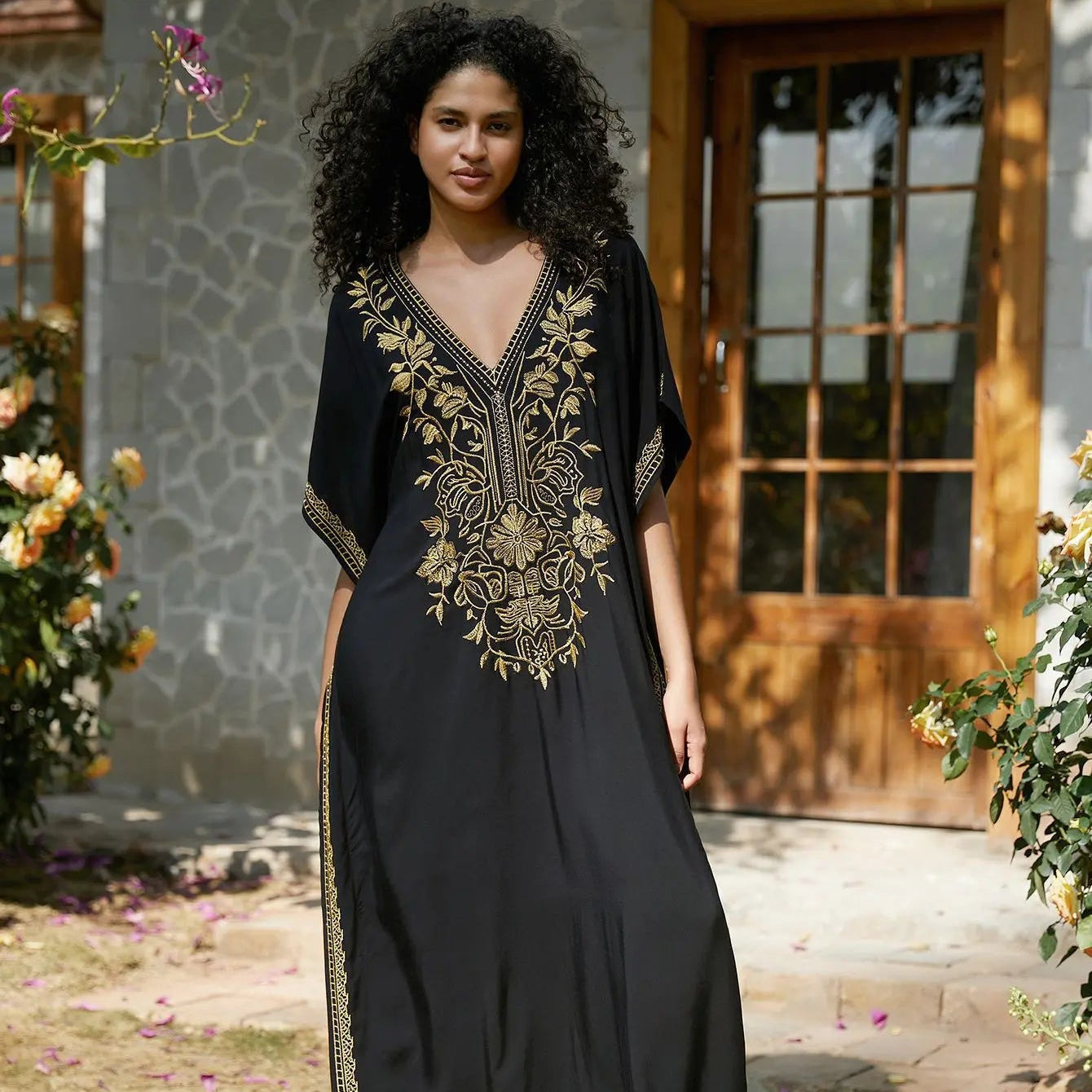 Women's Gold Embroidery Long Kaftan Dress | V Neck Caftan Beach Cover Up
