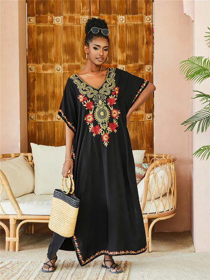 Women's Plus Size Kaftan Dress | Embroidered Caftan Maxi Loungewear & Swimsuit Cover Up