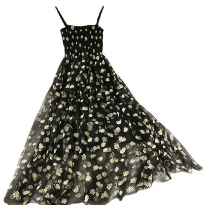 Spaghetti Strap Floral Daisy Mesh Dress - French Retro Beach Vestido