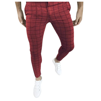 Spring Men Pencil Pants - Slim Fit Plaid Print Trousers