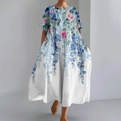 Ladies' Floral Print Maxi Dress - Round Neck Short Sleeve Beach Skirt