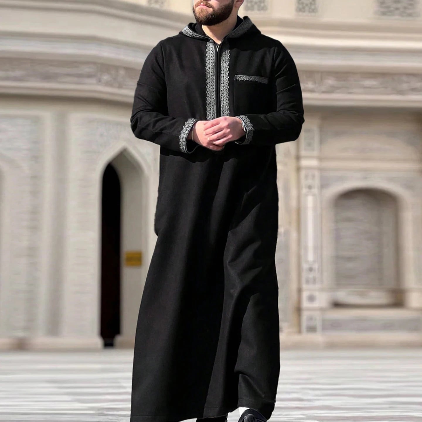 Men's Embroidered Islamic Thobe | Long-Sleeved Arabic Loose Robe Dress