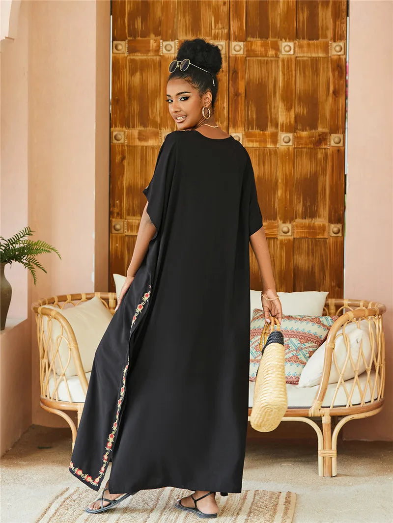 Women's Plus Size Kaftan Dress | Embroidered Caftan Maxi Loungewear & Swimsuit Cover Up