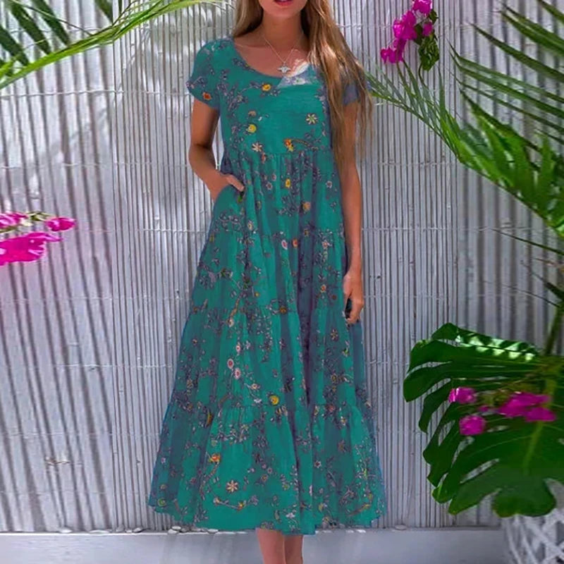 Women's Boho A-Line Maxi Dress - Summer Flower Print