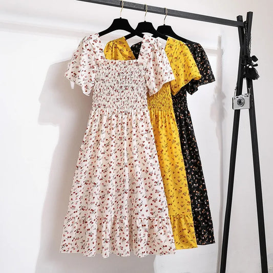 Chiffon Dress - Floral Pleated Midi Dress with Elastic Waist