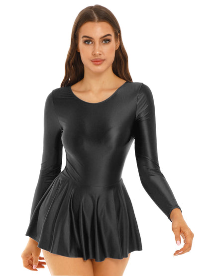 Women's Solid Color Long Sleeve Ruffled Dress - Round Neck