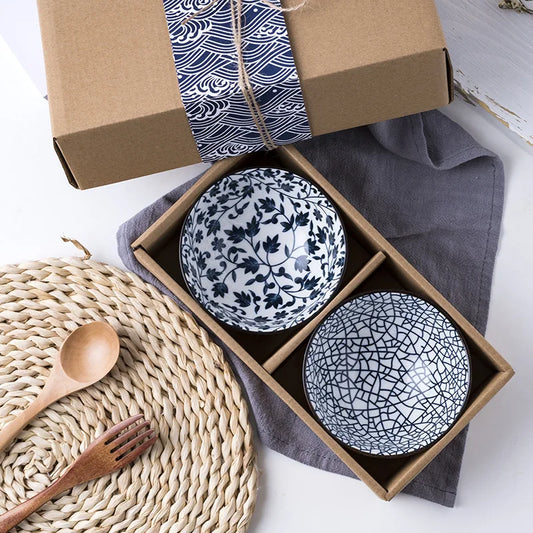 Minimalist Blue Ceramic Dinner Bowl, (300ml) Authentic Flowered Pottery Set, Available in 2/4/6 PCS Set