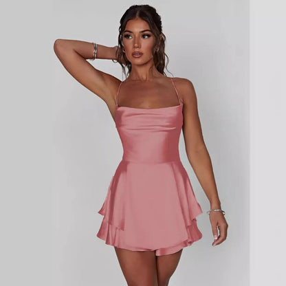 Summer Satin Backless Suspender Ruffled A-Hem Dress