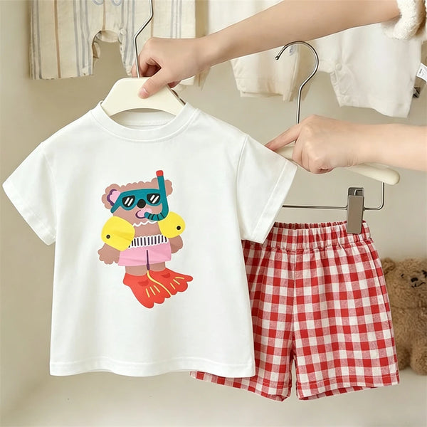 Kids Lovely Tshirt Plaid Shorts 2piece Set 2026 Summer Clothing