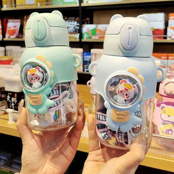 600ML Cartoon Kids Water Bottle Plastic Water Cup With Straw Cartoon