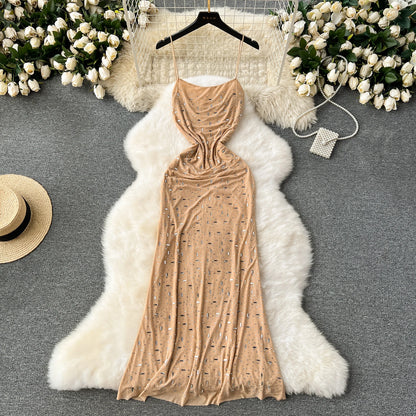 Sexy Mesh Rhinestone Bodycon Dress - Sleeveless Long Dress