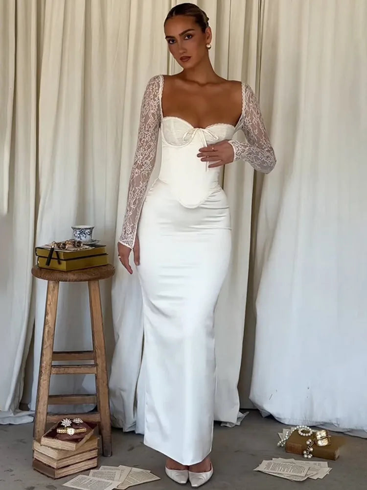White Lace Maxi Dress - Long Sleeve, Backless, and Back Split Design