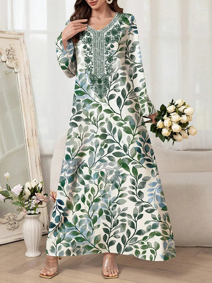 Women's Graphic Print Jalabiya - Long Sleeve V-Neck Loose Dress