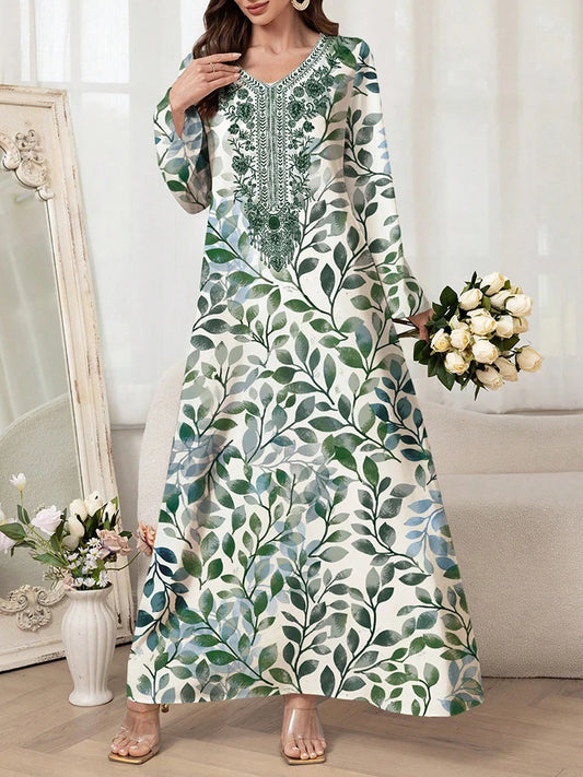 Women's Graphic Print Jalabiya - Long Sleeve V-Neck Loose Dress