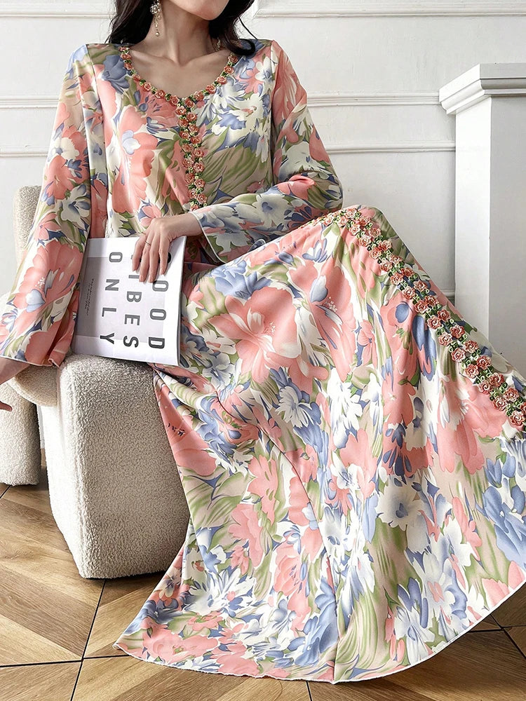 Women's Chic Jalabiya - Floral Long Sleeve V-Neck Maxi Dress