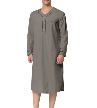 New 2025 Men Jubba Thobe Solid Color Pajamas Fashion Solid Loose Muslim Robe Long-sleeved Nightgown Bathrobes Mens Muslim Kaftan