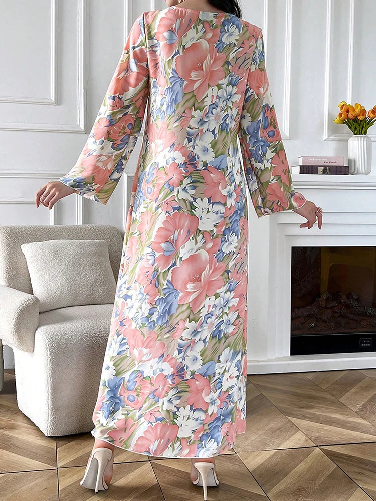 Women's Chic Jalabiya - Floral Long Sleeve V-Neck Maxi Dress