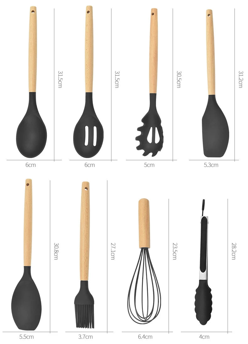 12Pcs Silicone Kitchen Utensils Cooking Wooden Handle Non Stick Pot Kitchenware Set Storage Bucket Silicone Kitchen Utensils