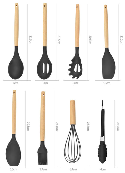 12Pcs Silicone Kitchen Utensils Cooking Wooden Handle Non Stick Pot Kitchenware Set Storage Bucket Silicone Kitchen Utensils