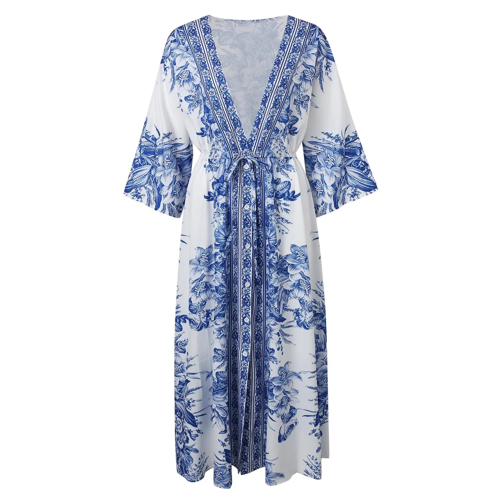 Boho Print Half Sleeve Long Dress - Japanese Kimono Lace-Up Sundress