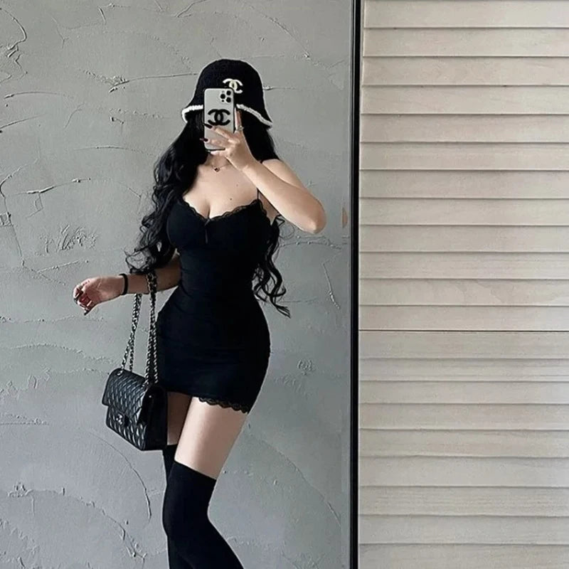 Hot Girl Lace Suspender Dress - Spring Summer Low Collar Hip Skirt
