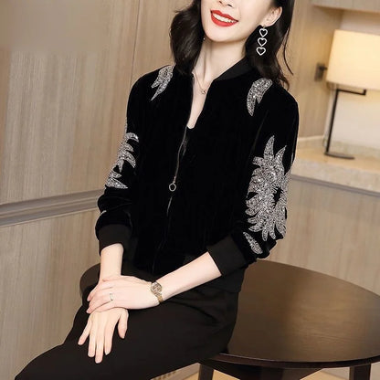 Luxury Rhinestone Crop Jacket - Women's Bomber Style Autumn Coat