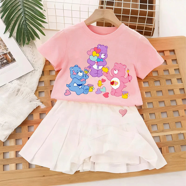 Kawaii Care Bears T Shirt Pleated Skirt Set Girls Fashion Tees