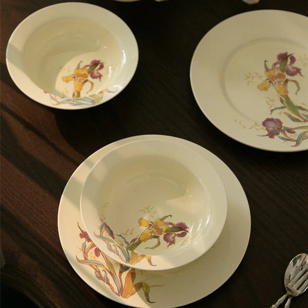 Ceramic Dinner Plate Set French Iris Dessert Bowl Dishes Soup Plate