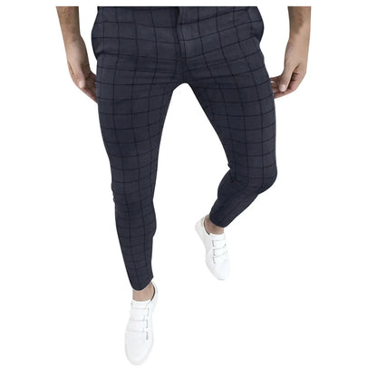 Spring Men Pencil Pants - Slim Fit Plaid Print Trousers