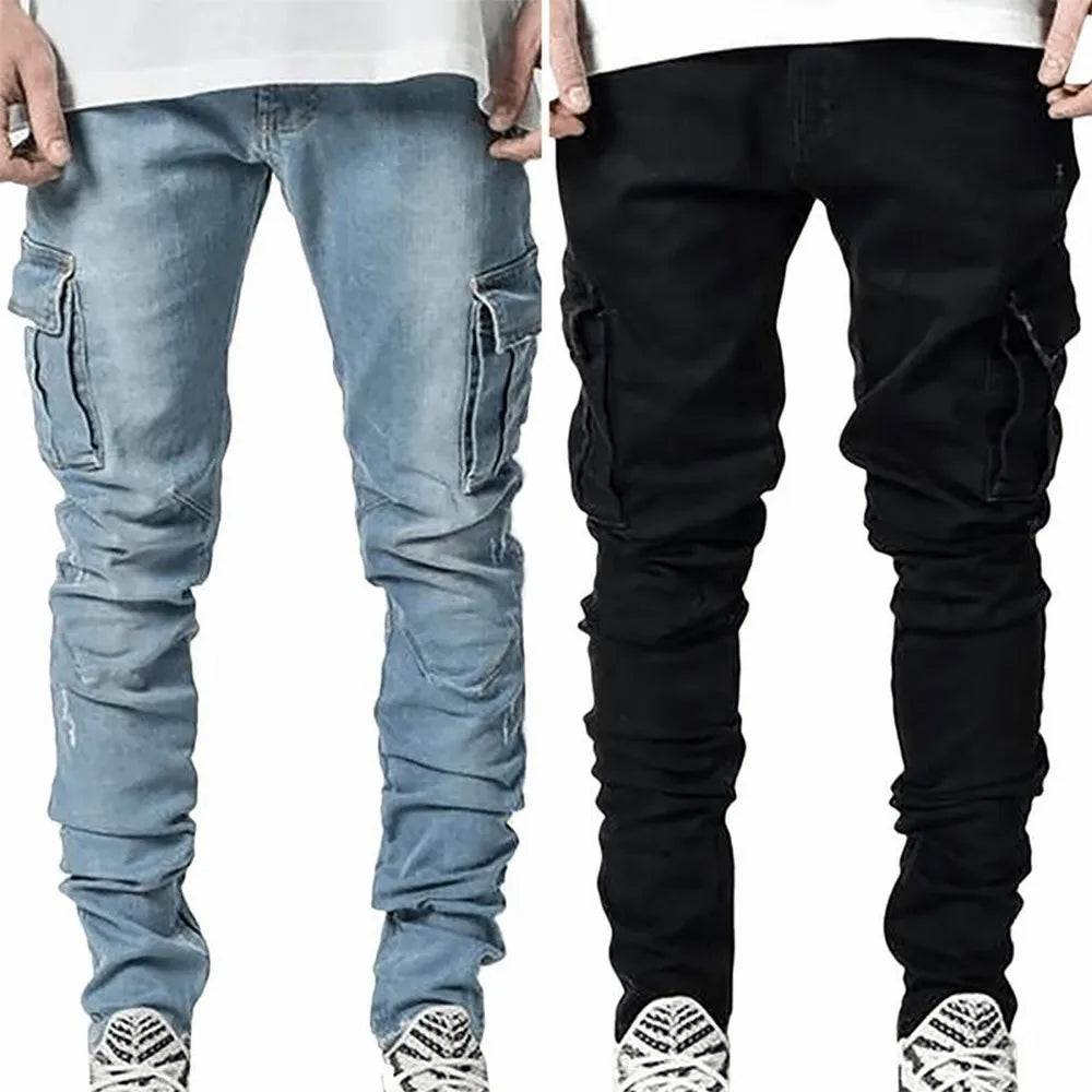 Street Elastic Jeans - Men's Denim Cargo Pants with Multi Pockets