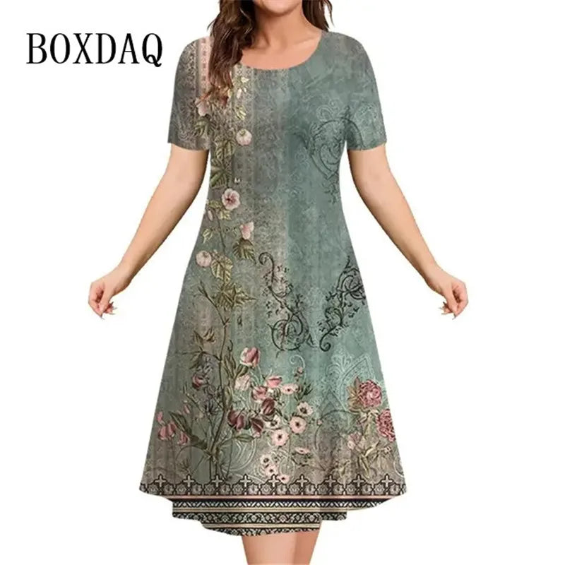 Women’s Dresses 3D Flowers Pattern Short Sleeve Clothing