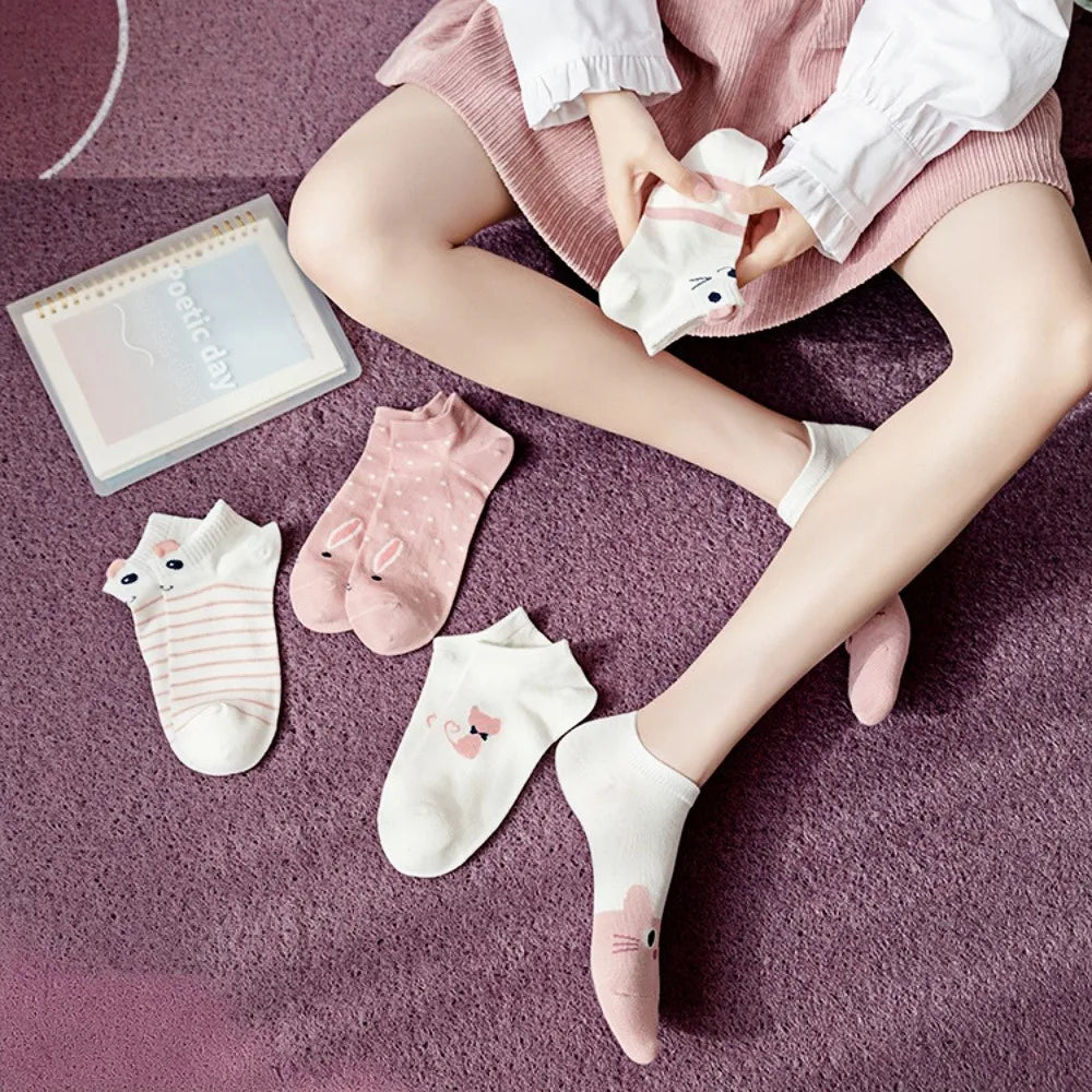 Women's Pink Cute Rabbit Socks - Spring Summer Cotton Socks