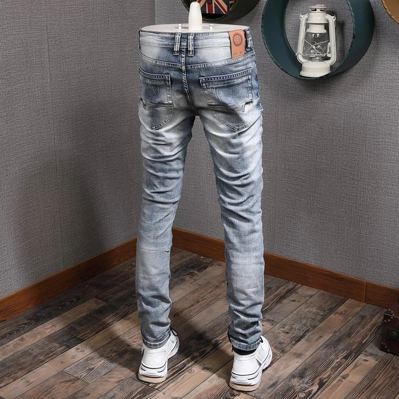 Retro Light Blue Slim Fit Ripped Jeans - Vintage Casual Men's Trousers