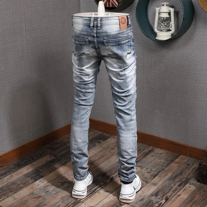 Retro Light Blue Slim Fit Ripped Jeans - Vintage Casual Men's Trousers