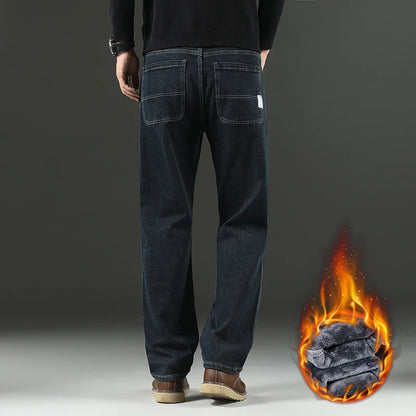 Straight Oversized Brushed Jeans - Warm Fleece Denim Trousers
