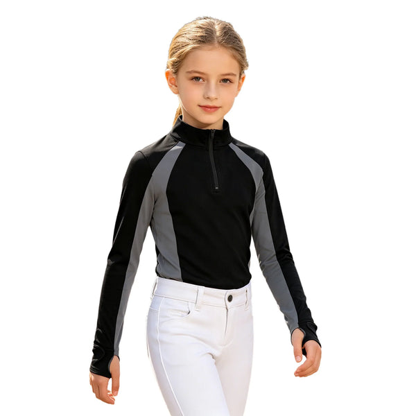 Kids Girls Equestrian Horse Riding Clothing Long Sleeve Half Zip