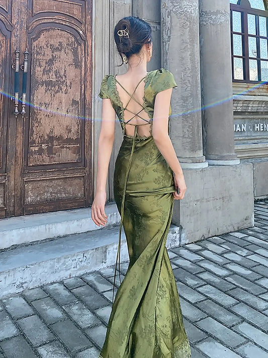 Turquoise Green V-Neck Backless Satin Jacquard Long Dress