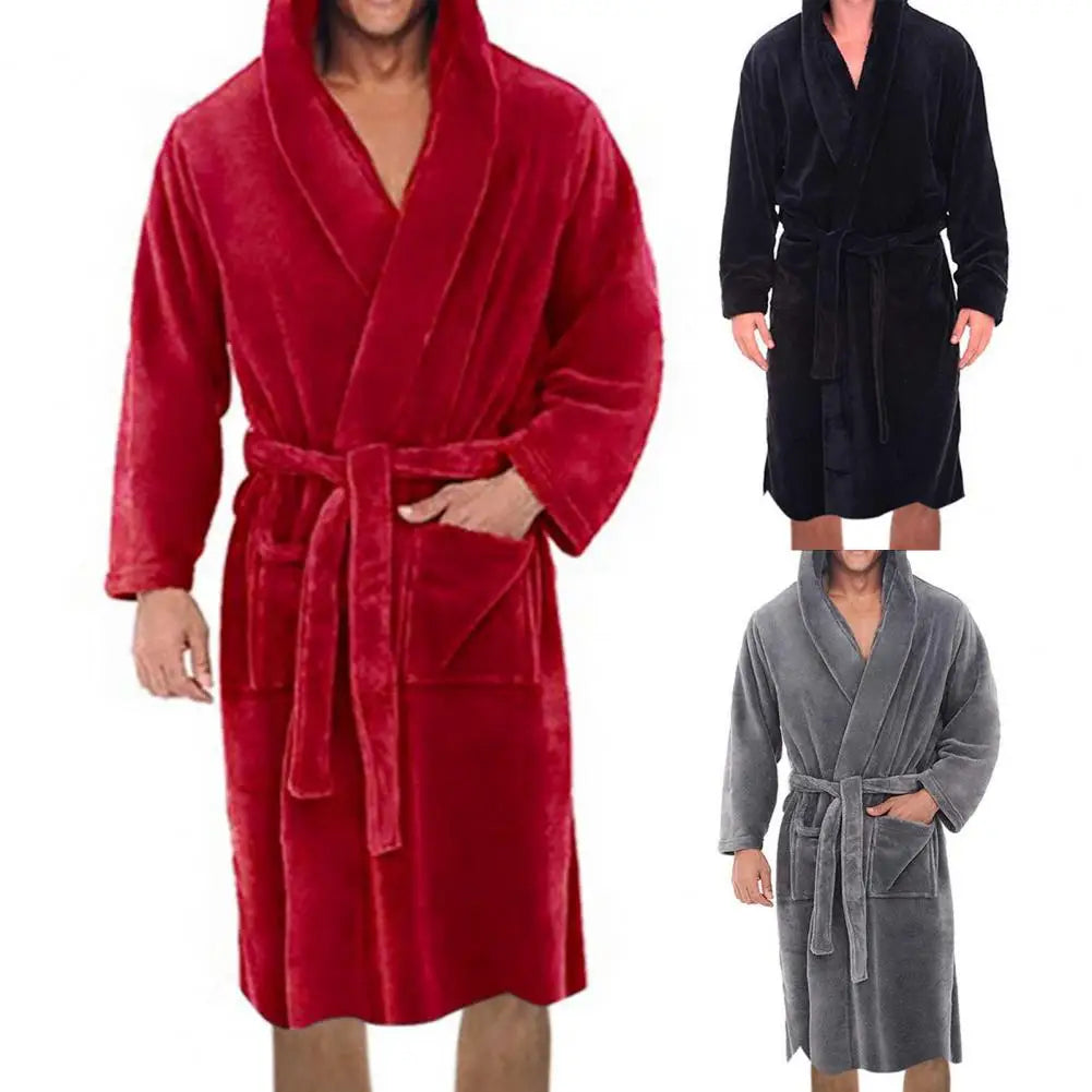 Men's Belt Flannel Bath Robe - Hooded Warm Sleepwear with Pockets