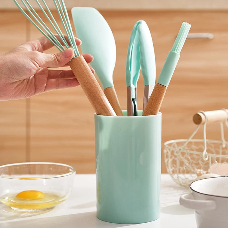 12Pcs Silicone Kitchen Utensils Cooking Wooden Handle Non Stick Pot Kitchenware Set Storage Bucket Silicone Kitchen Utensils