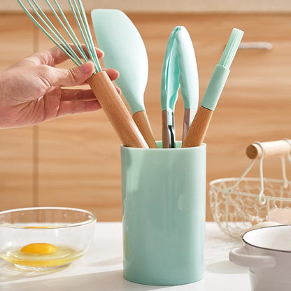 12Pcs Silicone Kitchen Utensils Cooking Wooden Handle Non Stick Pot Kitchenware Set Storage Bucket Silicone Kitchen Utensils