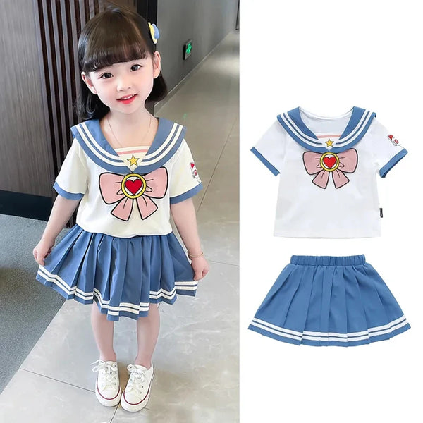 Kids Girls Clothes Sets Cartoon Bow T Shirts Tops Pleated Skirts