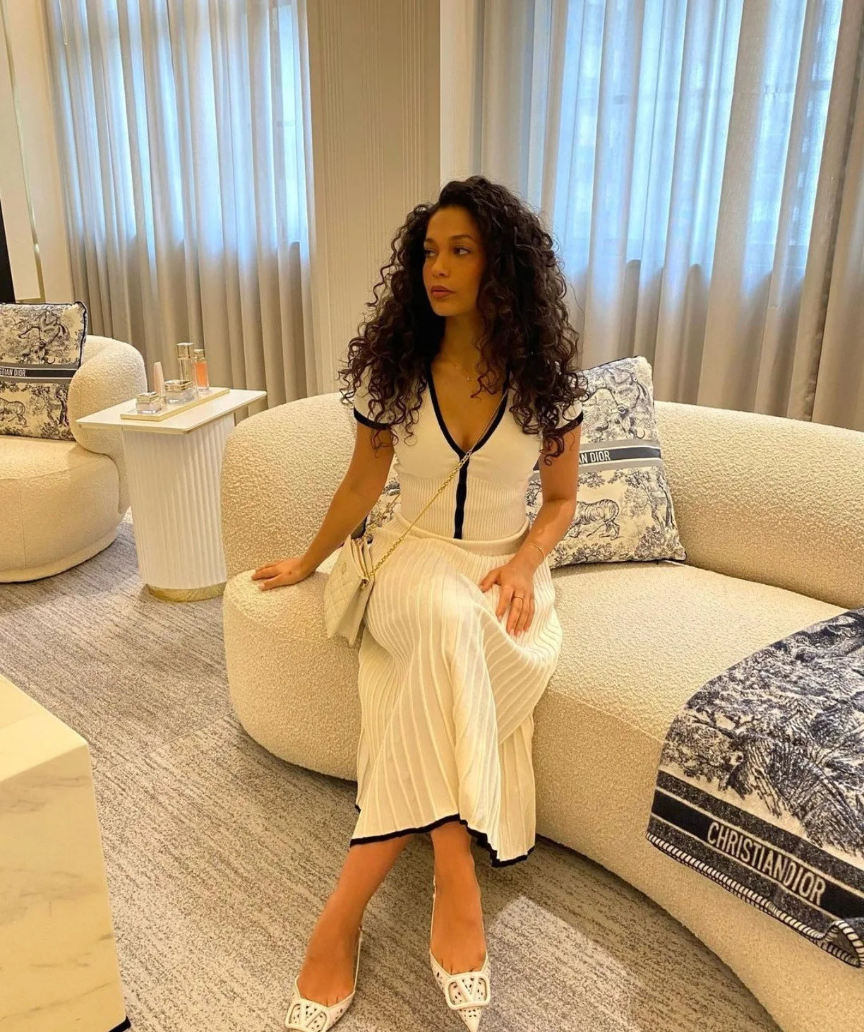 Women's White Long Skirt Suit - Short Sleeve V-Neck Crop Top Pleated Set