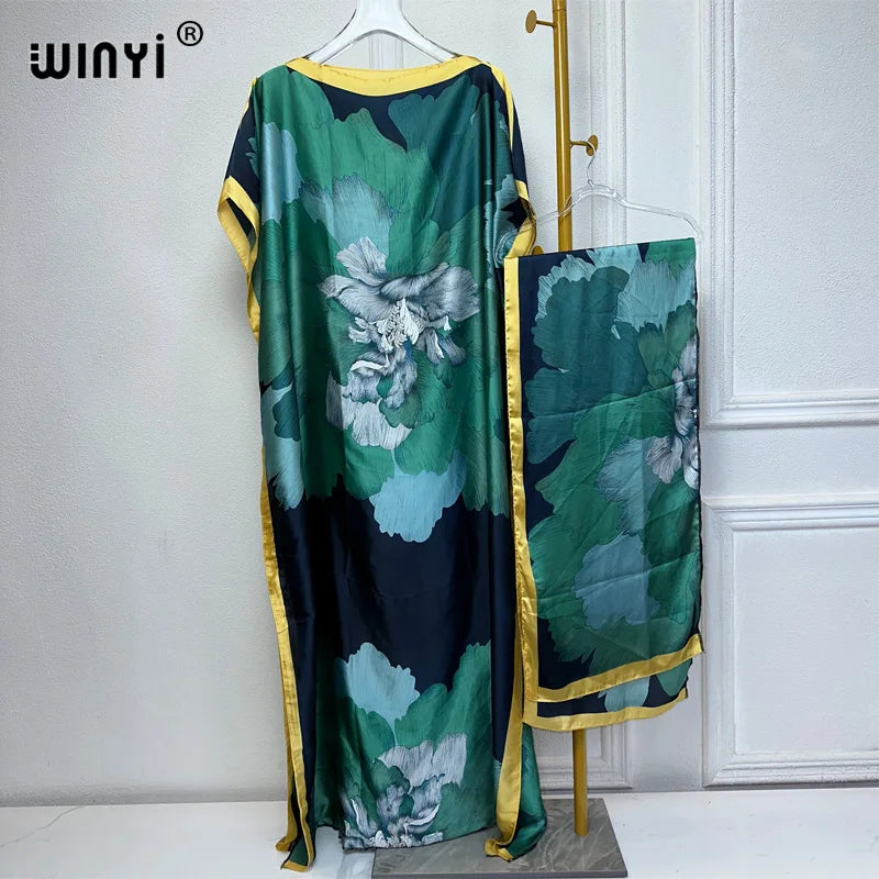 African Women Dashiki Dress with Scarf | Boho Print Maxi Loose Dubai Abaya